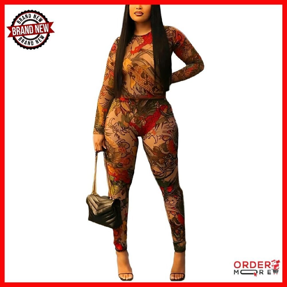 Sheer Mesh Long Sleeve Two Piece Set Bodycon Party Outfit